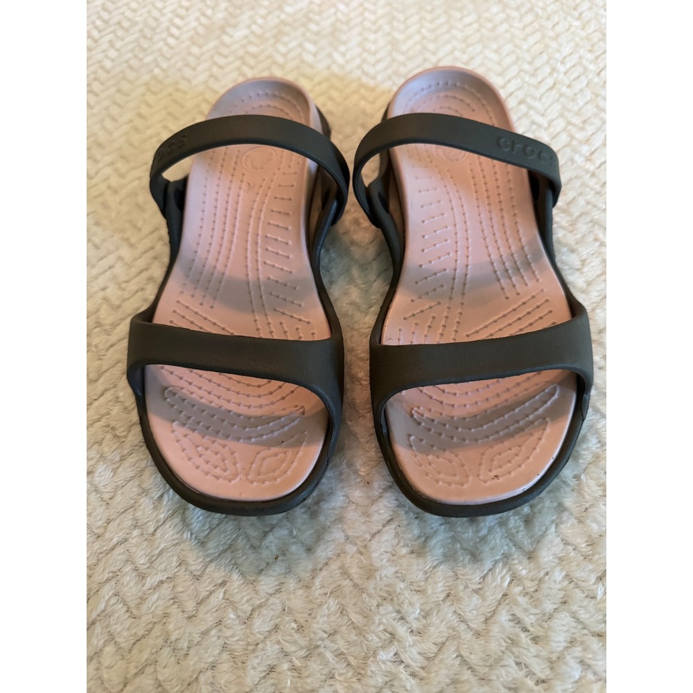 Crocs Cleo V Sandals Womens 9 Charcoal Grey Pink Dual Strap Slide 204151